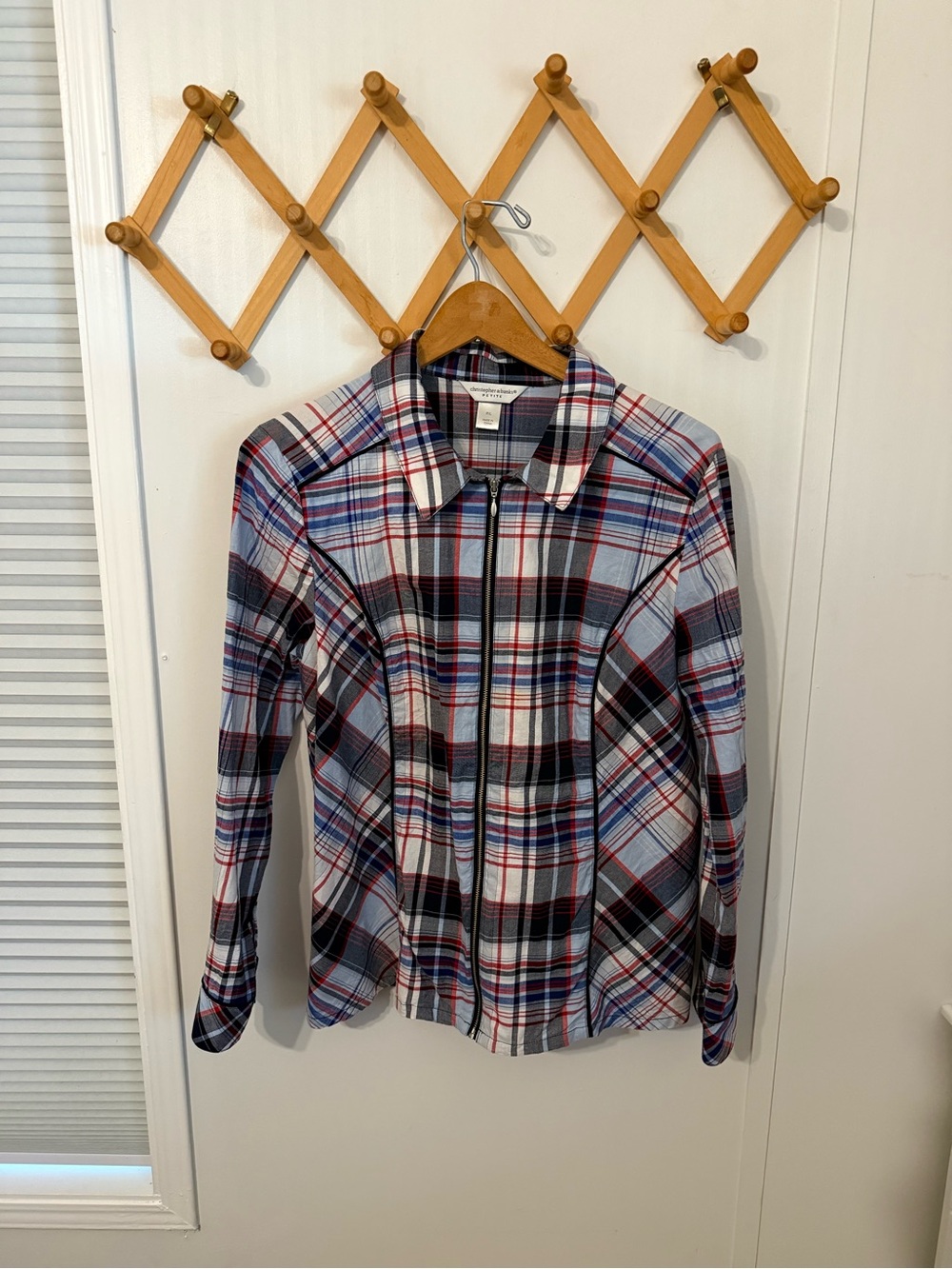 Christopher & Banks Red Navy White Plaid Zip Shirt Jacket